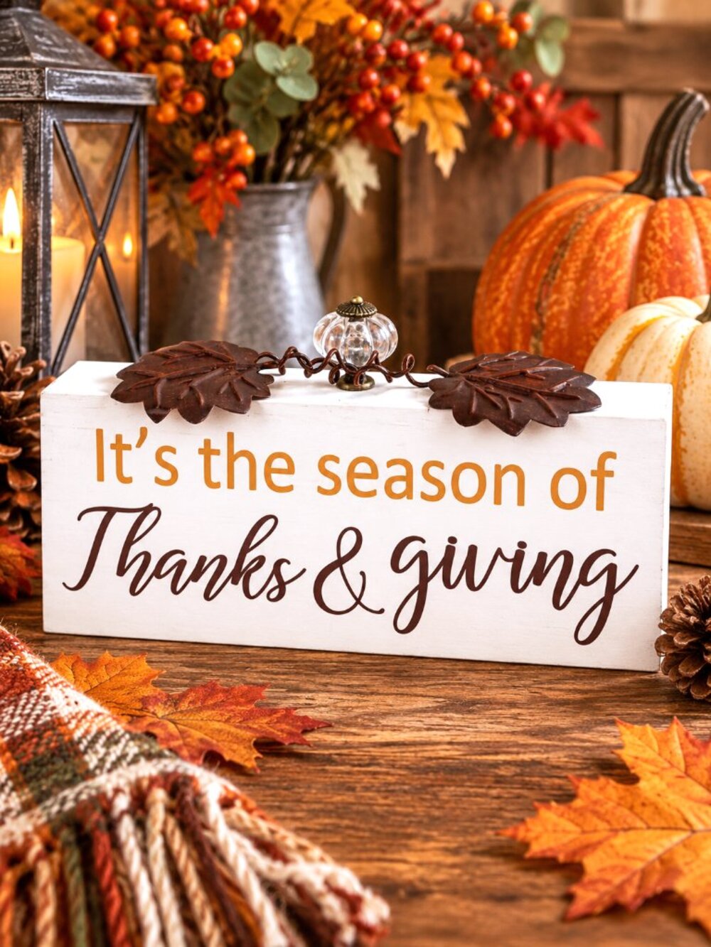 Thanks & Giving Wood Sign Metal Leaves Crystal Accent Fall Thanksgiving Décor